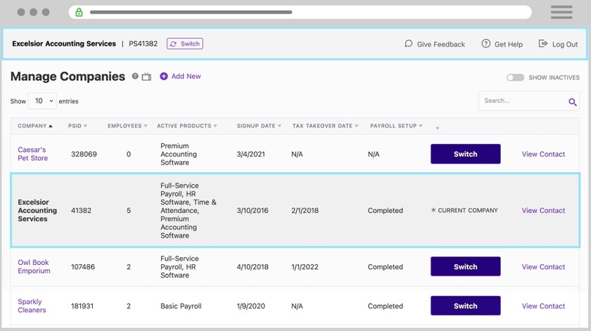 Easily switch between company accounts in Patriot payroll client dashboard.