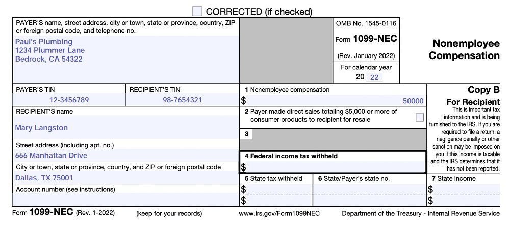 Showing a filled out IRS form 1099-nec.