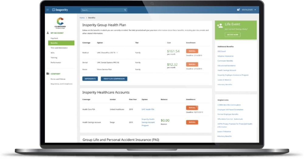 Health benefits dashboard with plan options and cost.