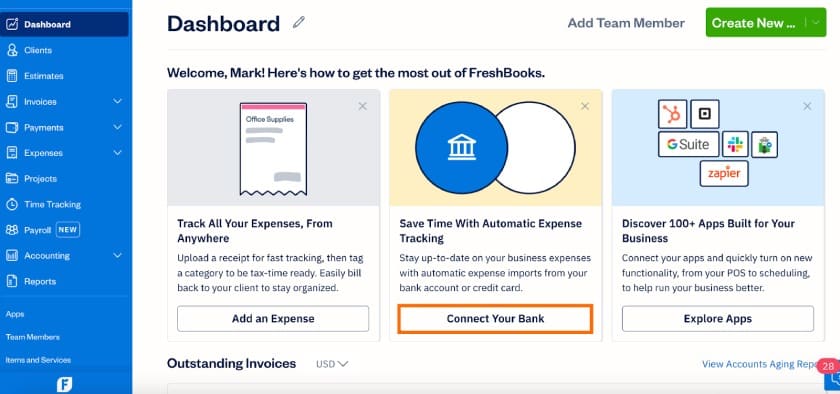 Screen showing how to navigate to Bank Connections in FreshBooks.
