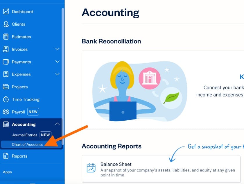 Screen showing how to navigate to Chart of Accounts in FreshBooks.