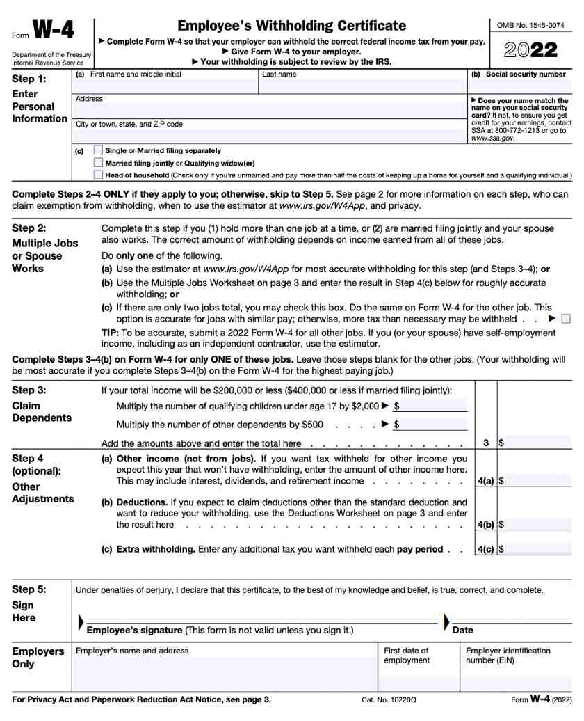 Showing IRS form W-4 2022.