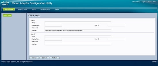 Interface of the Cisco phone adapter configuration page.