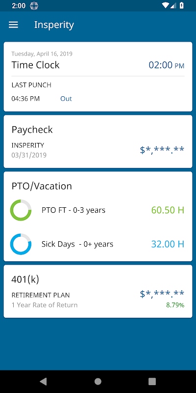 Mobile device face showing time entered, paycheck, PTO, and 401(k).