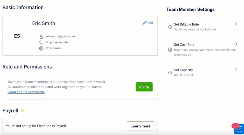 New team member's profile in FreshBooks showing sections like role and permissions and team member settings.