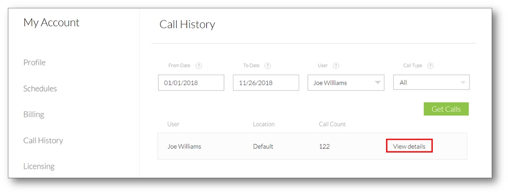 Nextiva interface showing "Call History," which has input fields for the date range, user name, and call type.