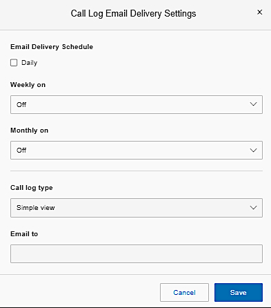 RingCentral dialog box showing the "Call Log Email Delivery Settings".