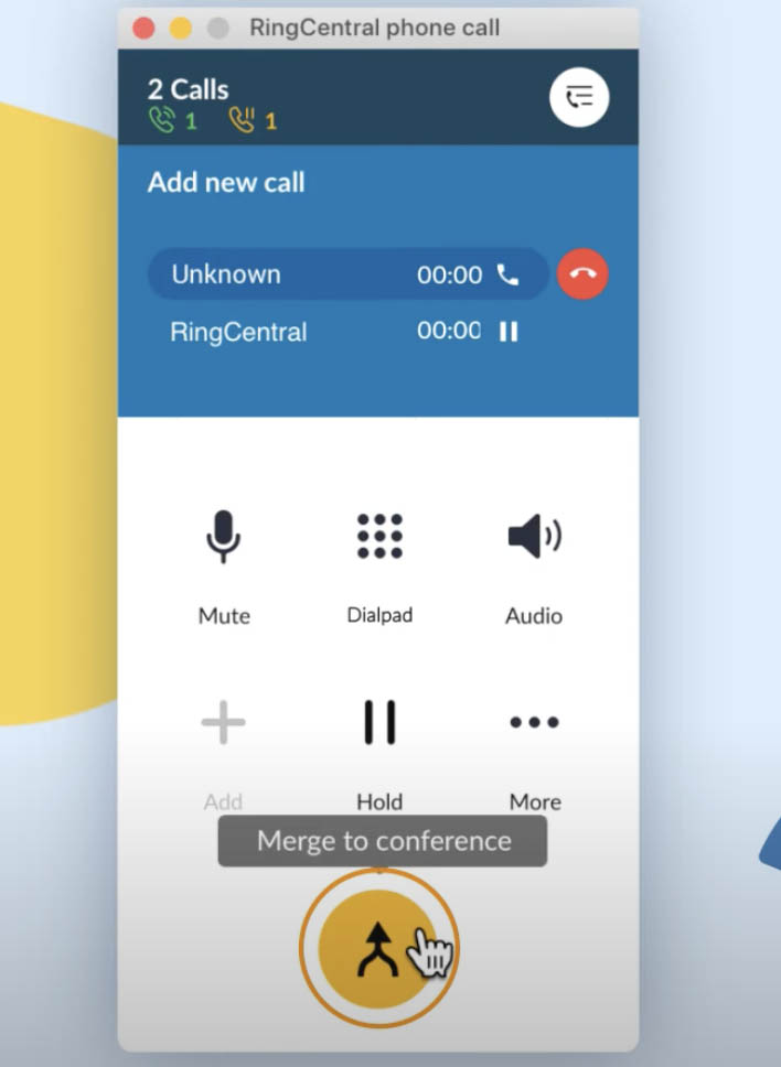 RingCentral mobile app merging two separate calls to turn it into a conference call.