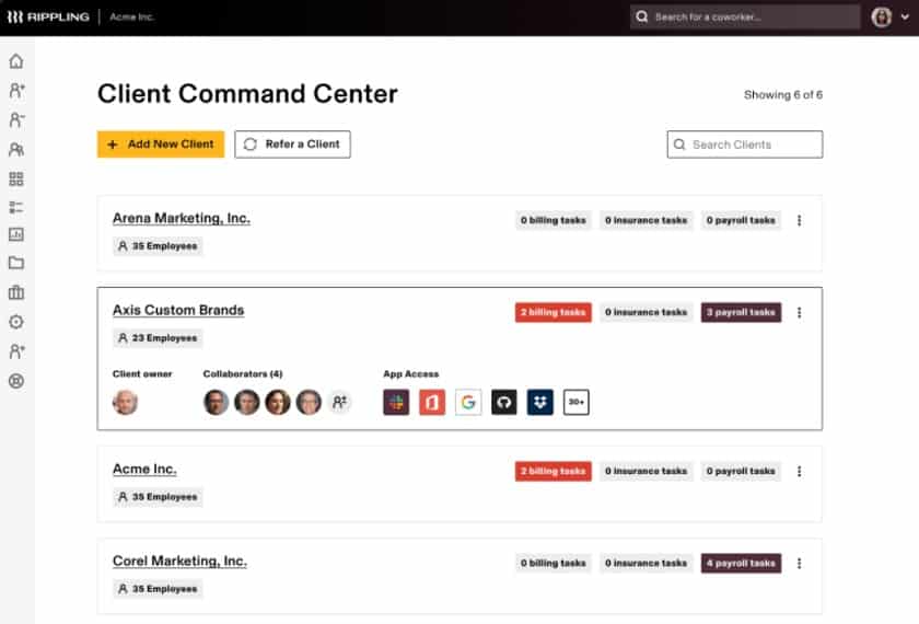 Showing Rippling's centralized client command center.