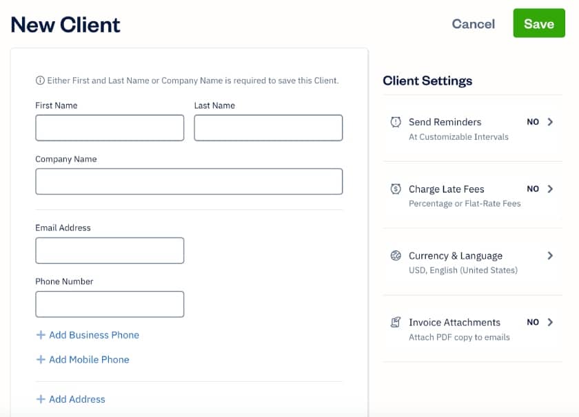 Screen where you can manually enter a new client in FreshBooks.
