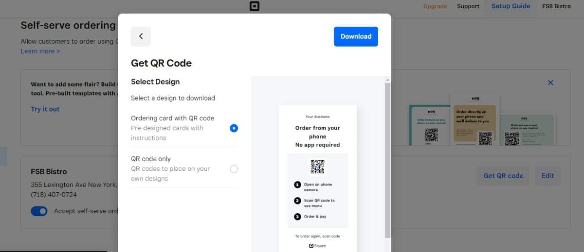 Square online includes a QR code generator to support self-service ordering.