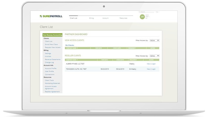 Showing SurePayroll client dashboard for partner accountants.