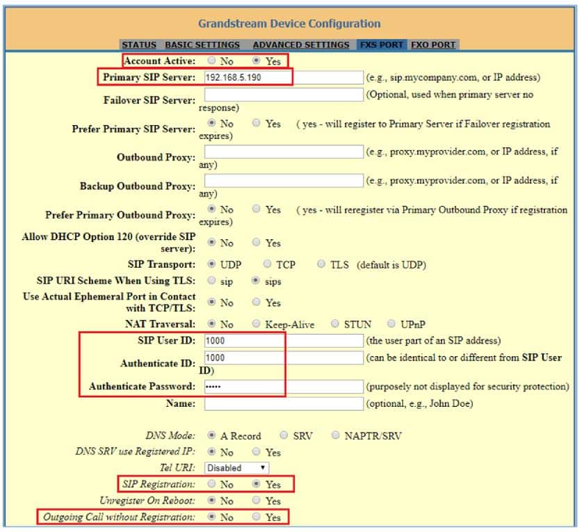 The Grandstream device configuration interface.