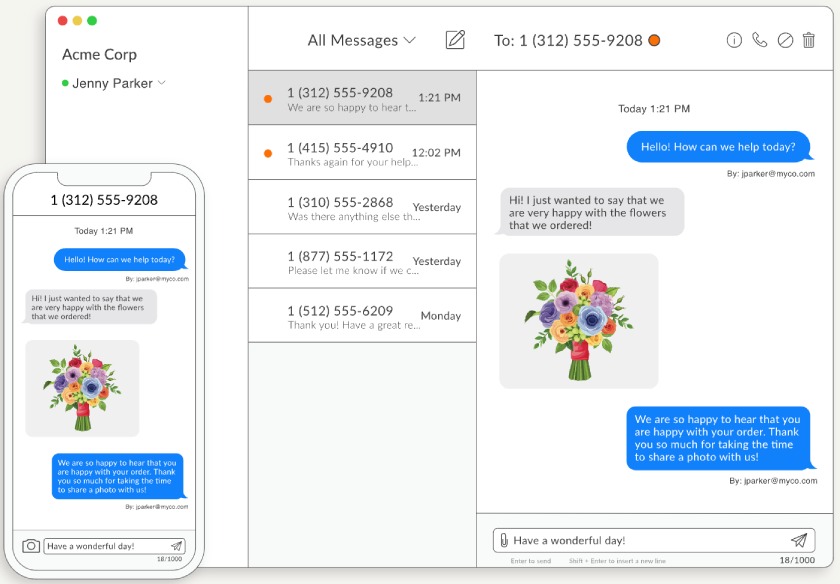 The Talkroute desktop and mobile app interface for SMS and MMS.