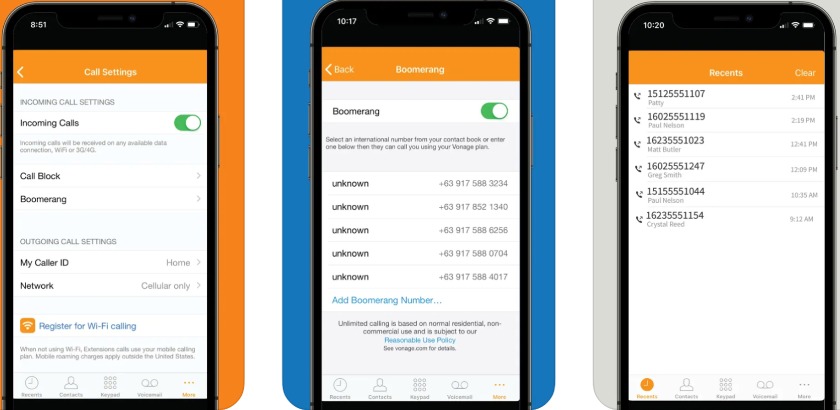 Three mobile devices displaying the Vonage for Home interface for call settings, Boomerang, and recent call logs.