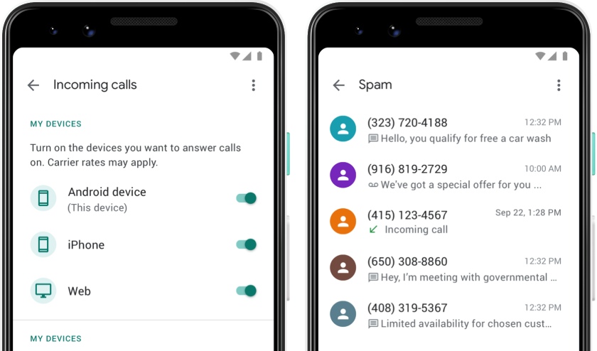 Two smartphone screens displaying Google Voice interface for incoming calls and spam folder.