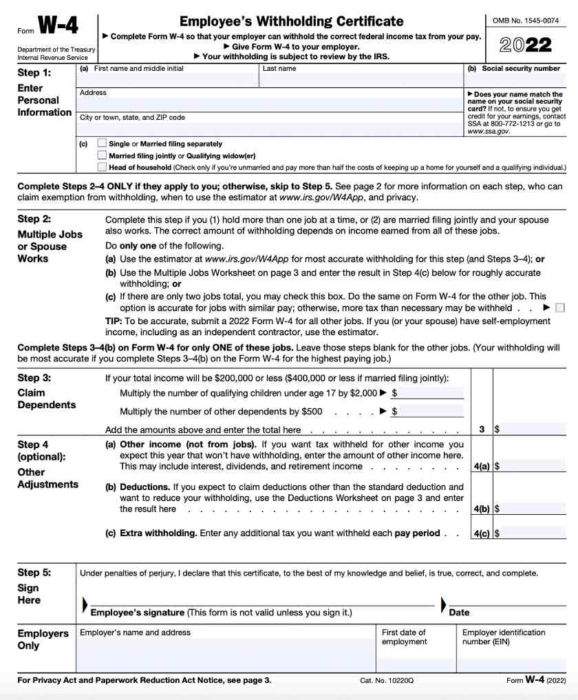 Showing W-4 form 2022.