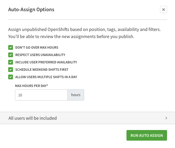 When I Work's auto-assign tool features a list of options you can choose to help its platform identify parameters for automatically assigning work shifts.
