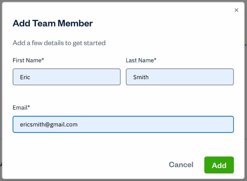 Screen where you can add a new team member in FreshBooks.