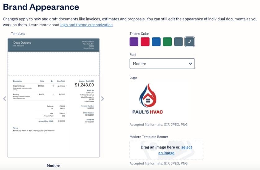 Screen where you can adjust brand appearance in FreshBooks.