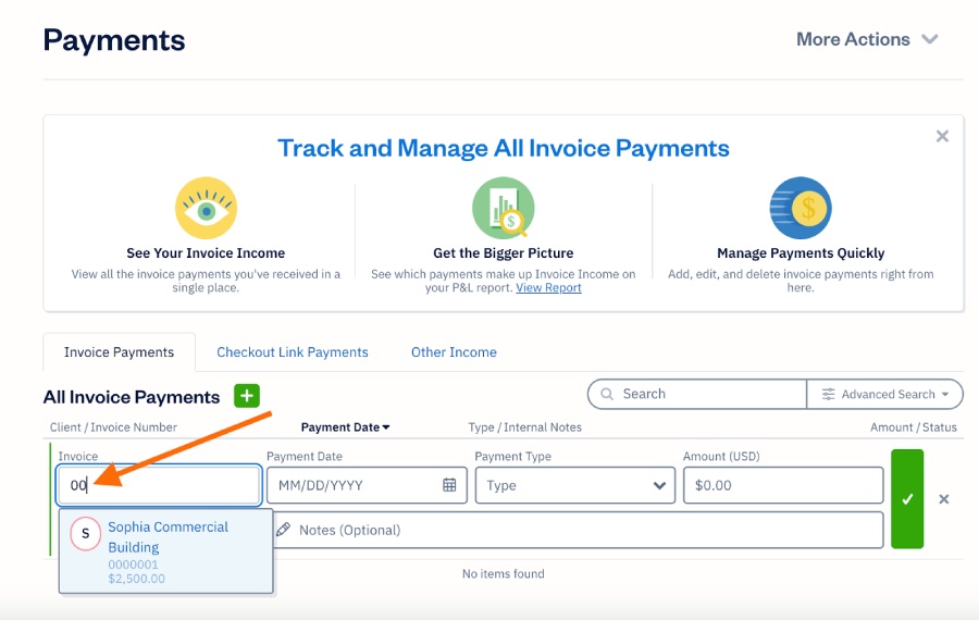 Screen where you can apply customer payments to invoices in FreshBooks.