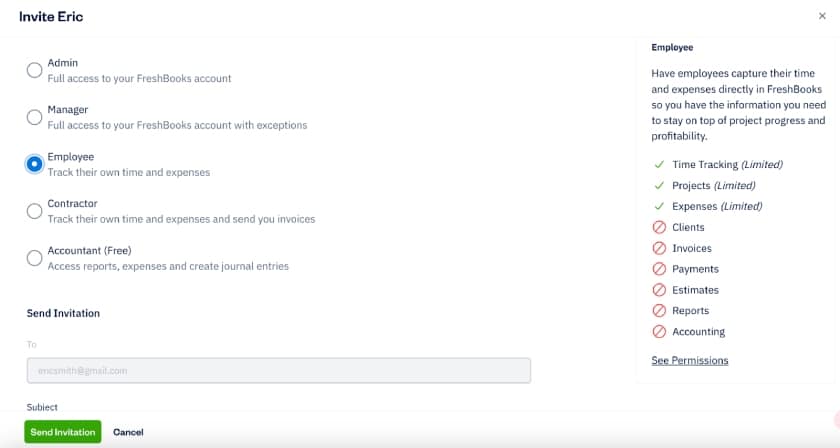 Screen where you can assign a role to a new team member in FreshBooks.