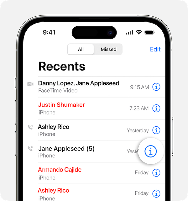An iPhone screen showing a list of recent calls.