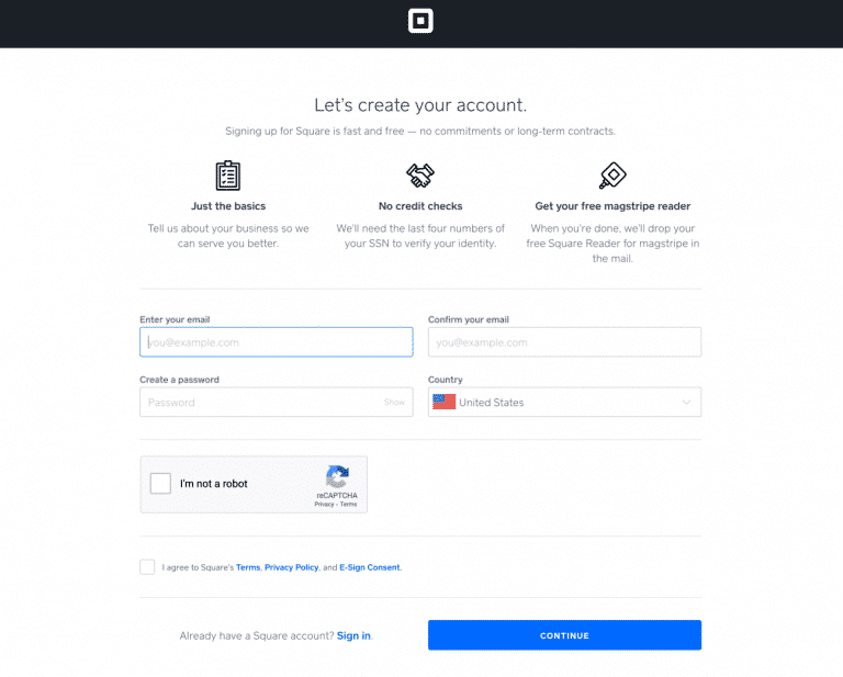 Creating account page on Square Payments.