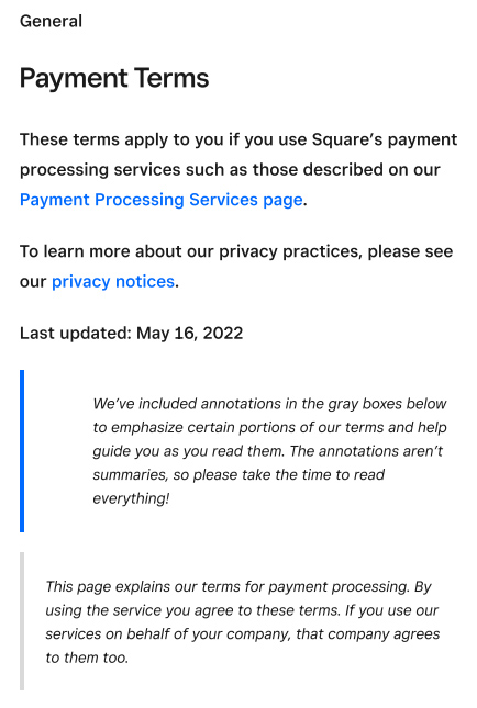 Square Payment Services Terms of Service preview.