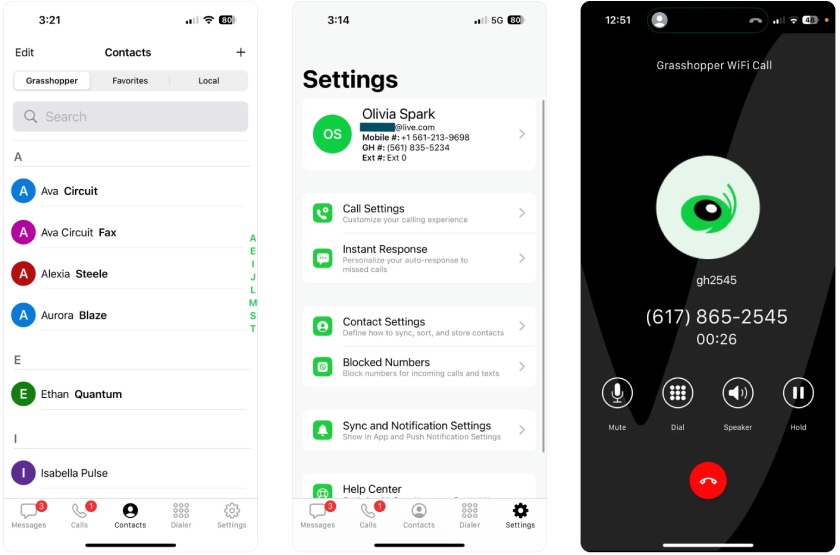 Three screenshots of the Grasshopper mobile app interface for contacts, call settings, and call screen.