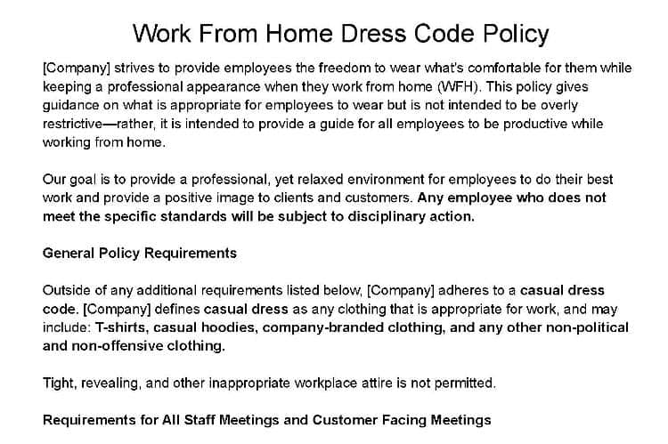 Work from home dress code policy template.