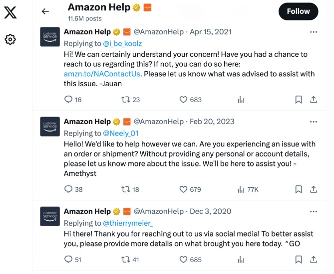 Amazon Help for customer service responds on tweets
