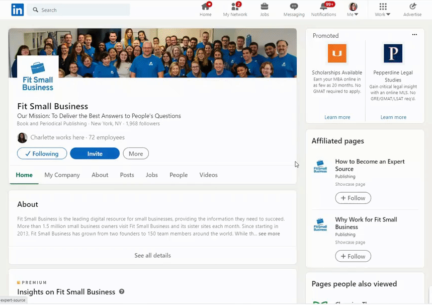 LinkedIn business page sample of Fit Small Business.
