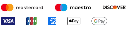 Logo of Mastercard, Maestro, Discover, Visa, JCB, American Express, Apple Pay, Discover.