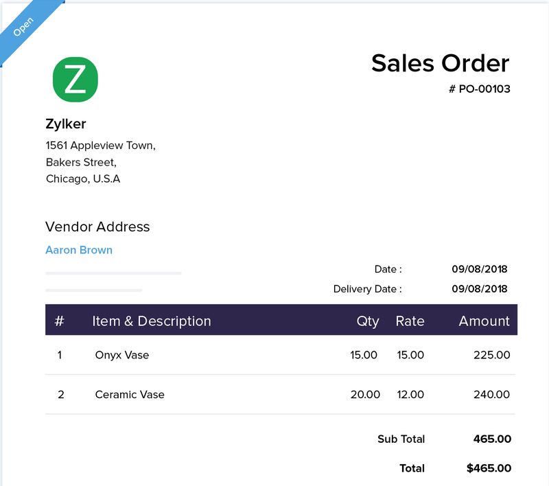 An example sales order showing the sale of two vases from Zylker to Aaron Brown.