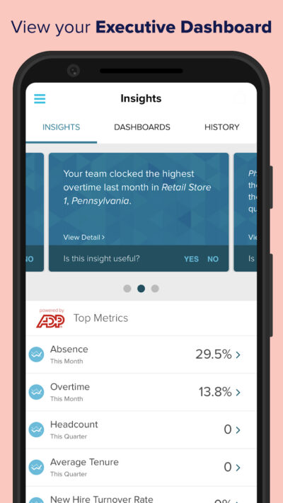 ADP reporting dashboard in mobile view.