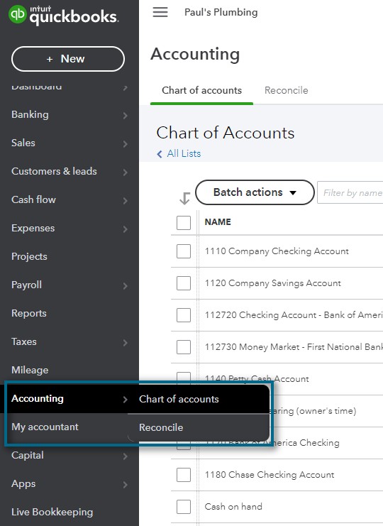 Accessing Chart of Accounts on QBO.