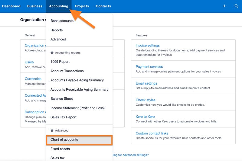 Screen showing how to navigate to Chart of accounts in Xero