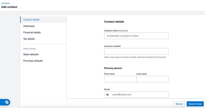 Screen where you can add a new contact in Xero