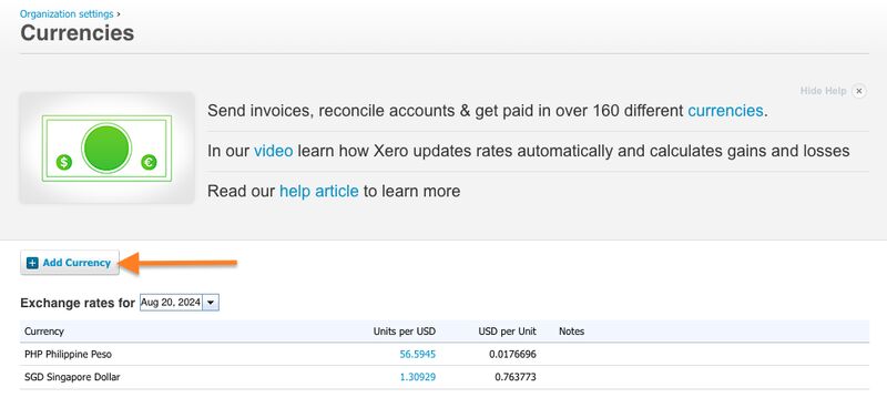 Screen where you can add a currency in Xero