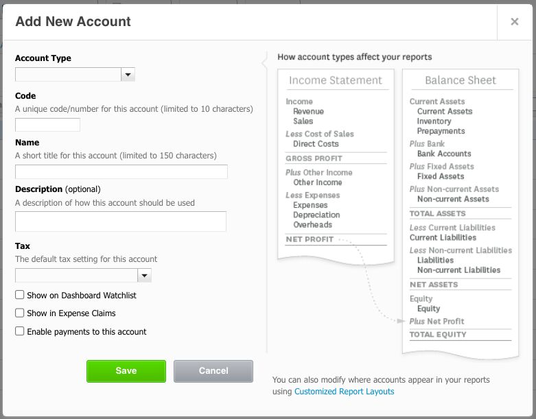 Screen where you can add a new account in Xero