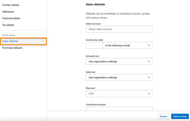 Screen where you can adjust sales default settings in Xero