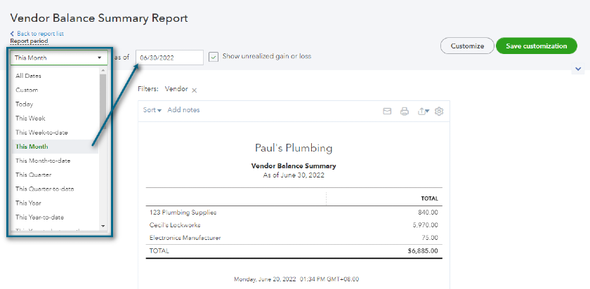 Adjusting the Report Period of the Vendor Balance Summary Report.