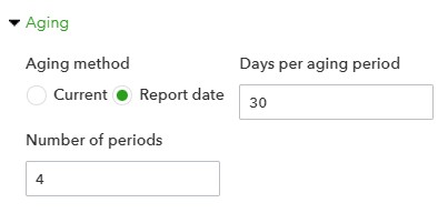Aging options for the A/R aging report in QuickBooks Online.