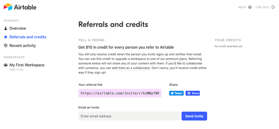 An example of Airtable reward credits for every referral