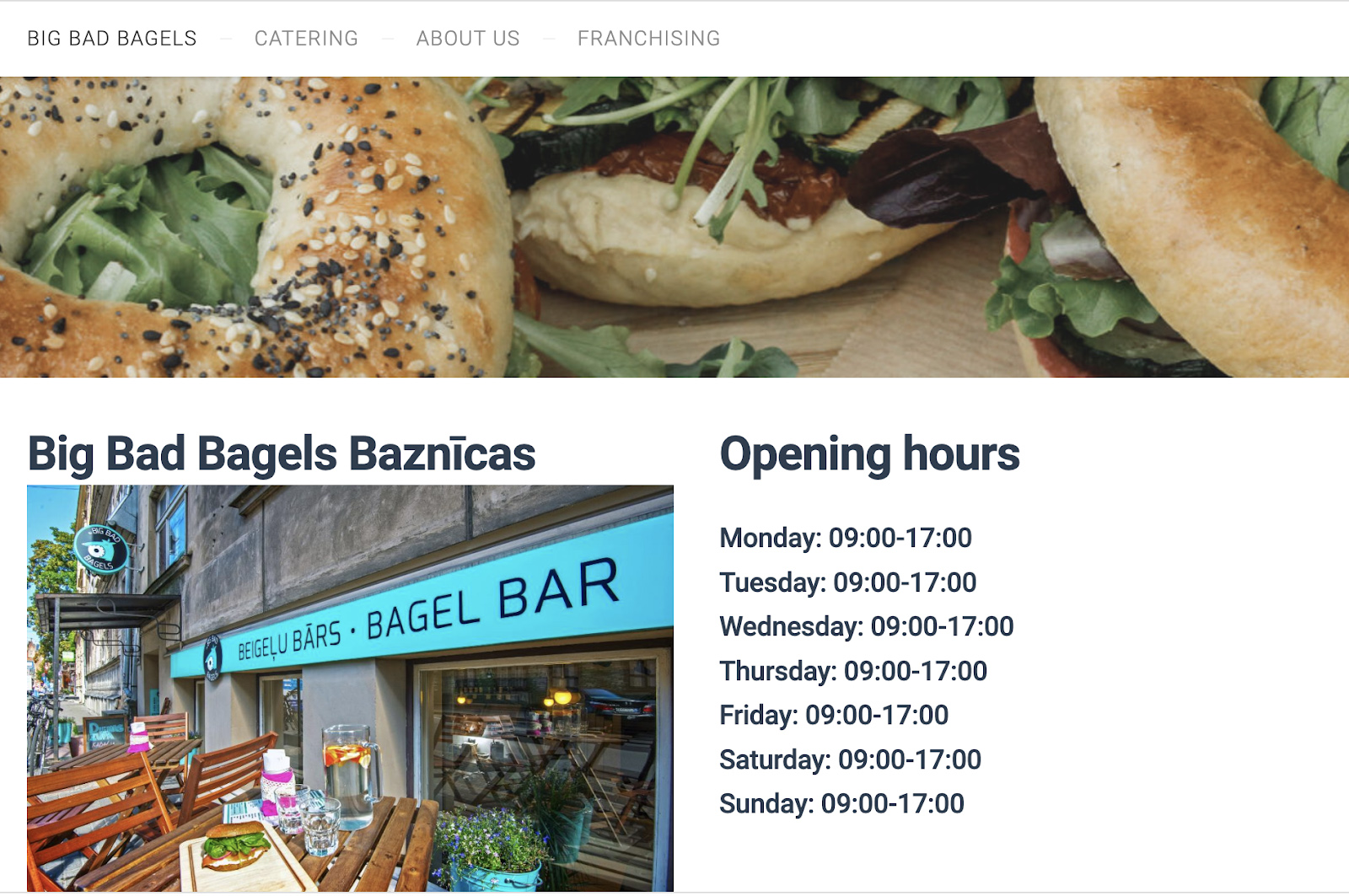 Big Bad Bagels homepage with Opening hours info.