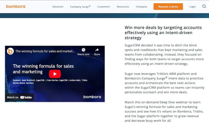 An example of a intent data platform Bombora's joint promo with SugarCRM and account-based marketing platform Triblio.