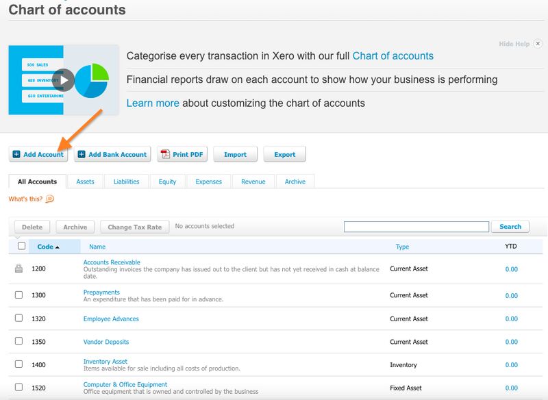 Chart of accounts in Xero highlighting the Add account button