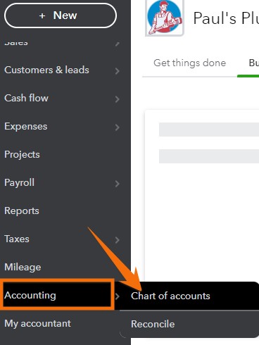 Arrow Navigating to Chart of accounts in QuickBooks Online.