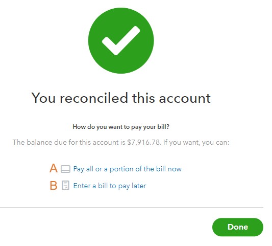 Choosing how to pay a reconciled credit card in QuickBooks Online.